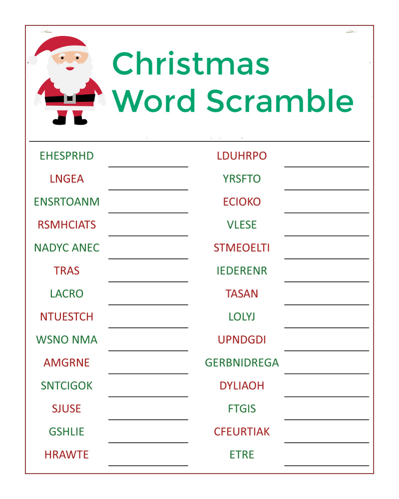 Santas christmas word scramble activity page