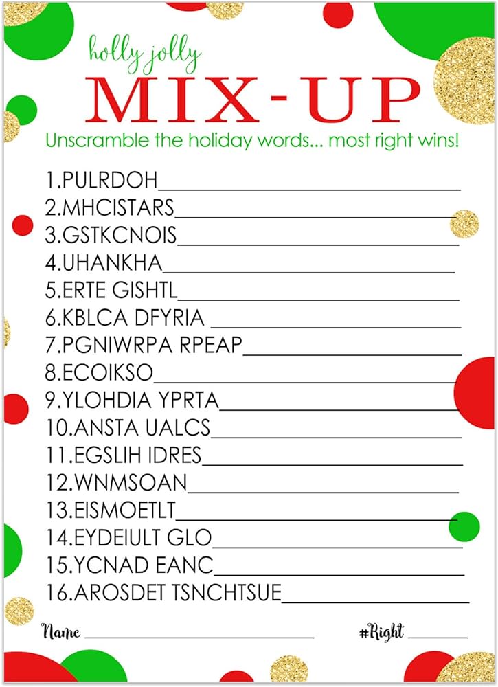 Christmas word scramble game holiday unscramble party activity for adults groups office gold red and green pack x cards home kitchen