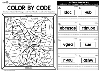 Christmas color by sight word nd grade words unscramble the word worksheets