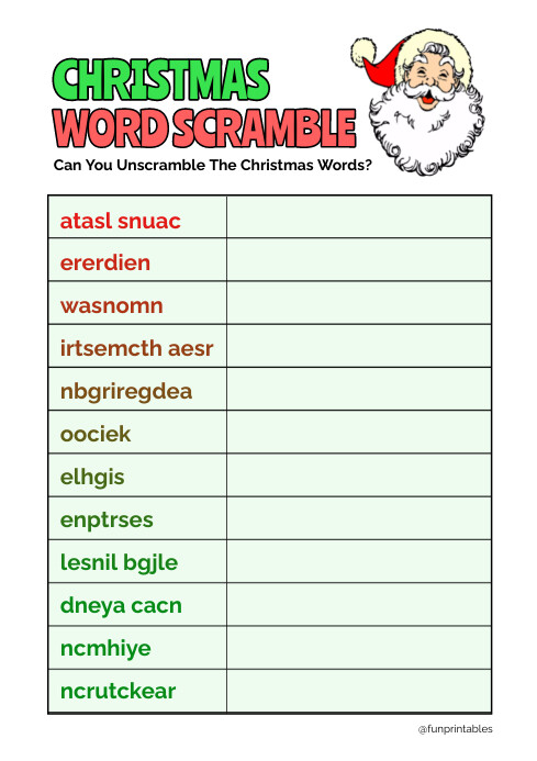 Christmas word scramble activity printable template