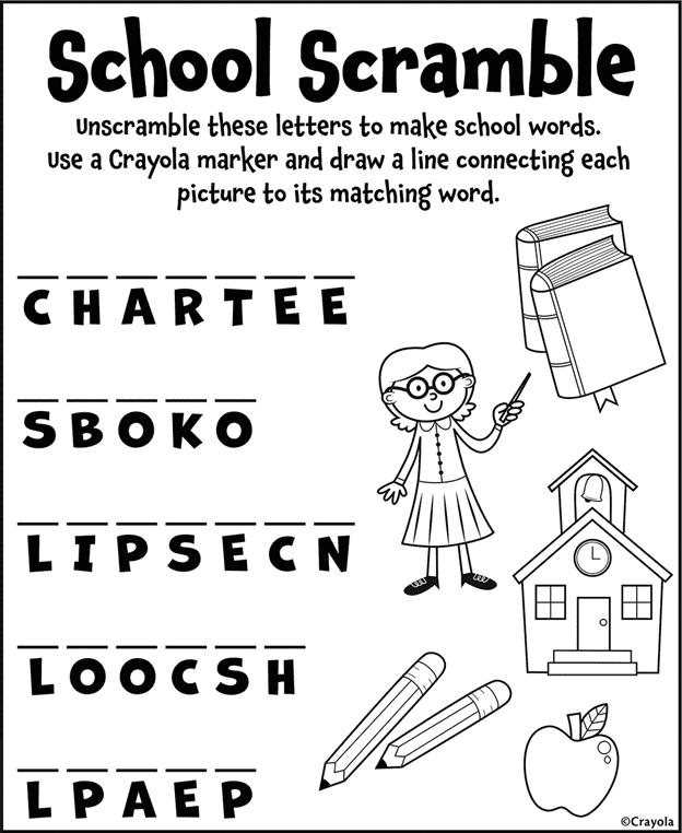 School word scramble coloring page