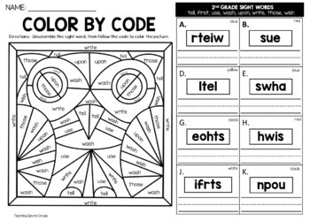 Thanksgiving color by sight word nd grade words unscramble the word worksheets