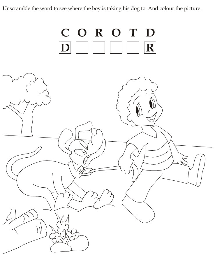 Download english activity worksheet unscramble the word to see where the boy is taking his dog to and colour the picture from