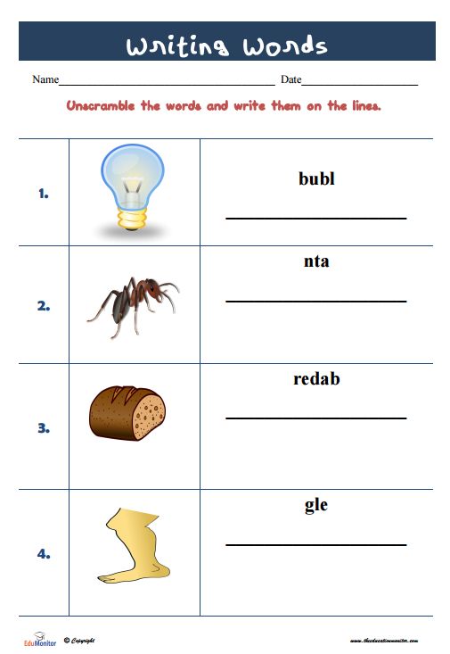 Printable word unscramble worksheets