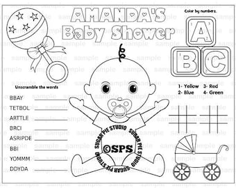 Baby shower coloring page placemat x childrens coloring page activity pdf or jpeg file