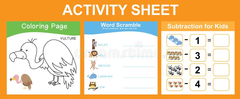 Activity sheet for children coloring animal math subtraction word scramble worksheet stock vector