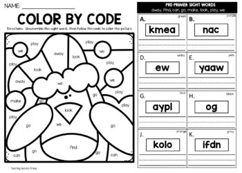 Winter color by sight word unscramble the word worksheets preprimer