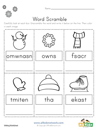 Winter word scramble worksheet all kids network