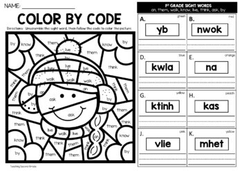 Winter color by sight word st grade words unscramble the word worksheets