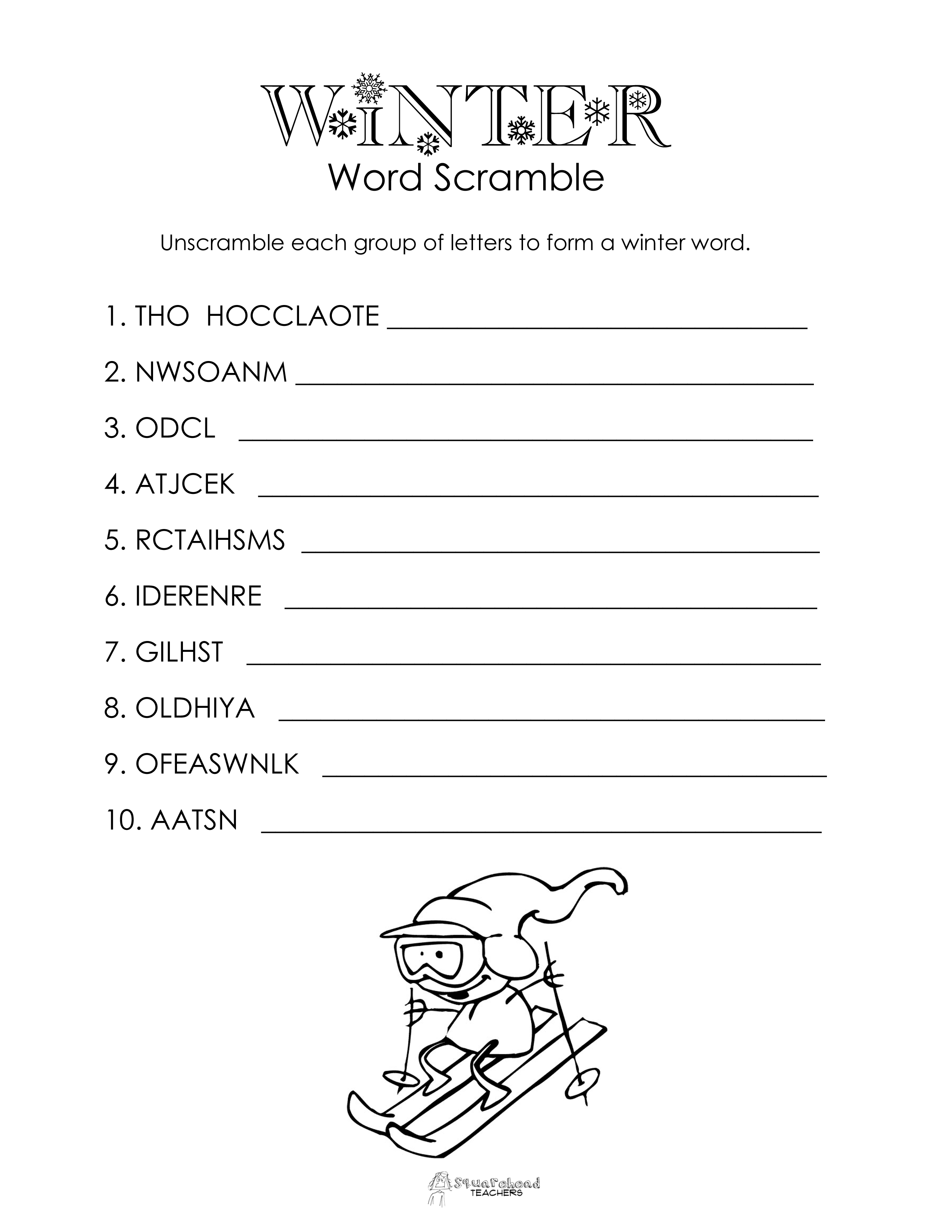 Winter word scramble free worksheet squarehead teachers