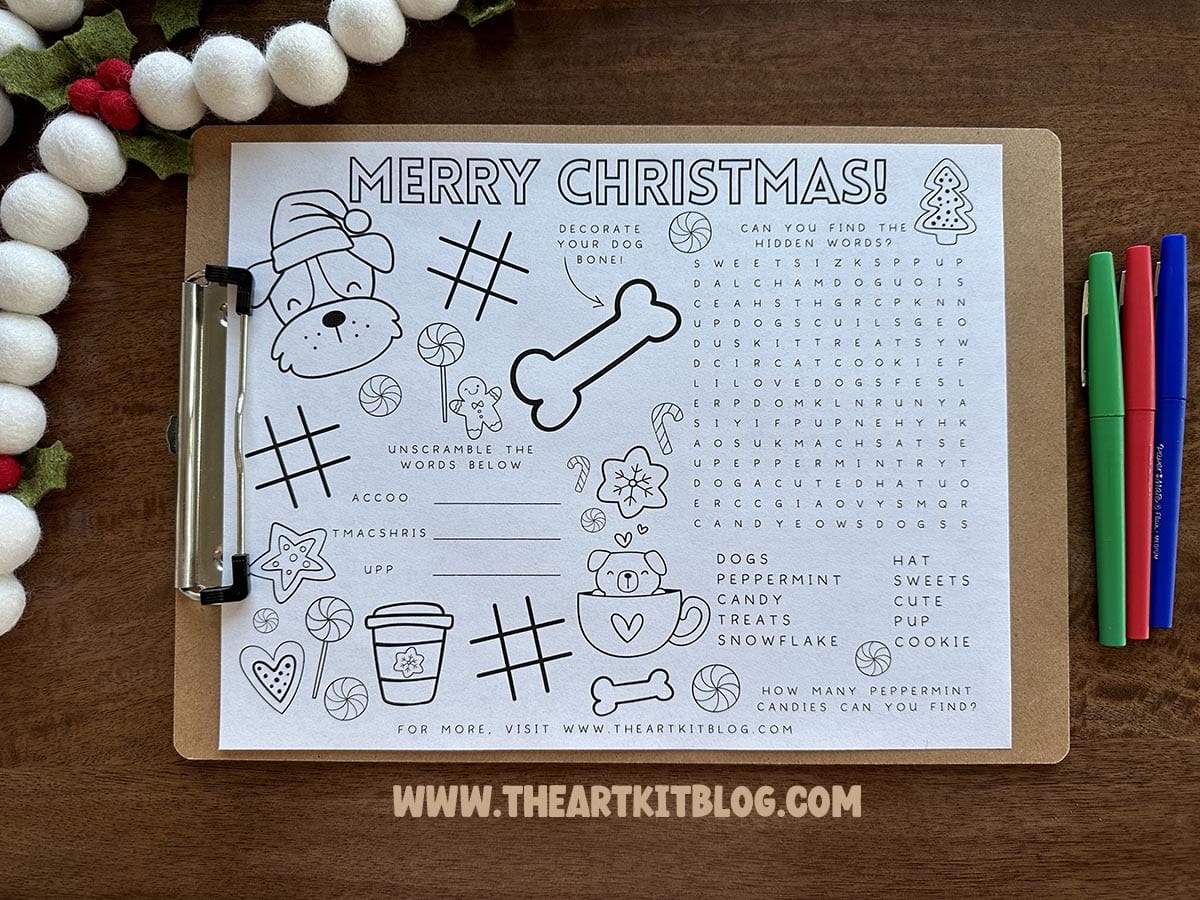 Christmas dog coloring page activity placemat â free printable â the art kit