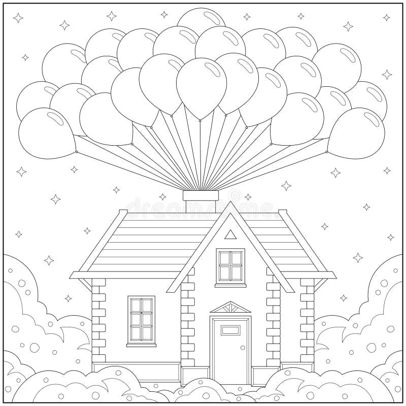 Fantasy house flying in the sky with balloon learning and education coloring page stock vector