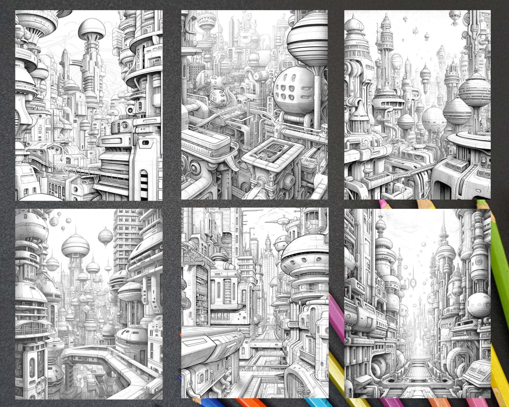 Futuristic metropolis grayscale coloring pages printable for adults â coloring