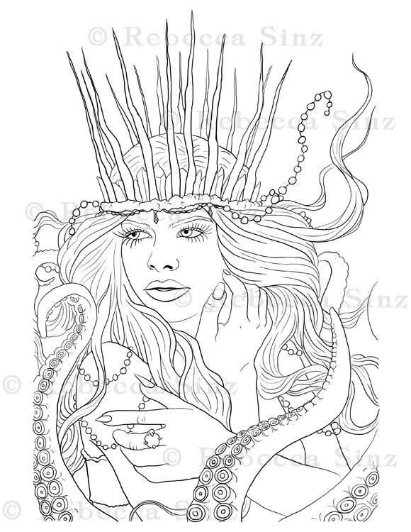 Coloring page printable gothic sea witch ursula cecaelia tentacles fantasy art adult coloring instant digital download line art printable