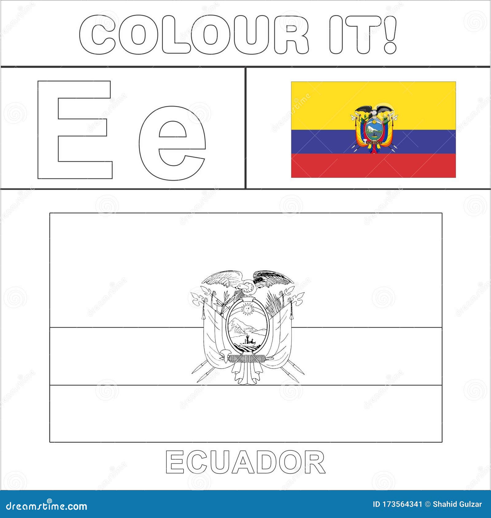 Colour it kids colouring page country starting from english letter e ecuador how to color flag stock illustration