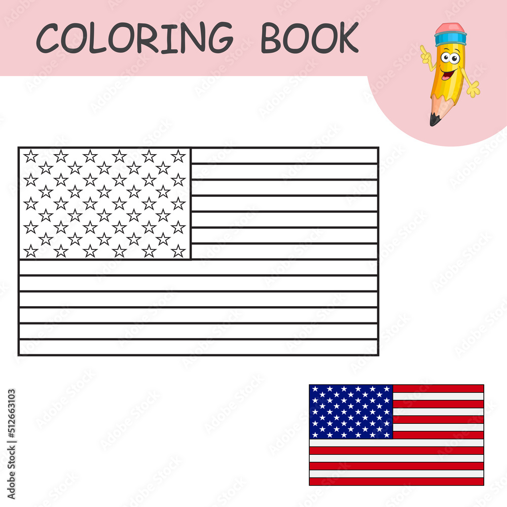 Vecteur coloring book with cartoon american flag color the flag usa use to sample national symbol for independence memorial presidents day template of practice worksheet with flag of the united states