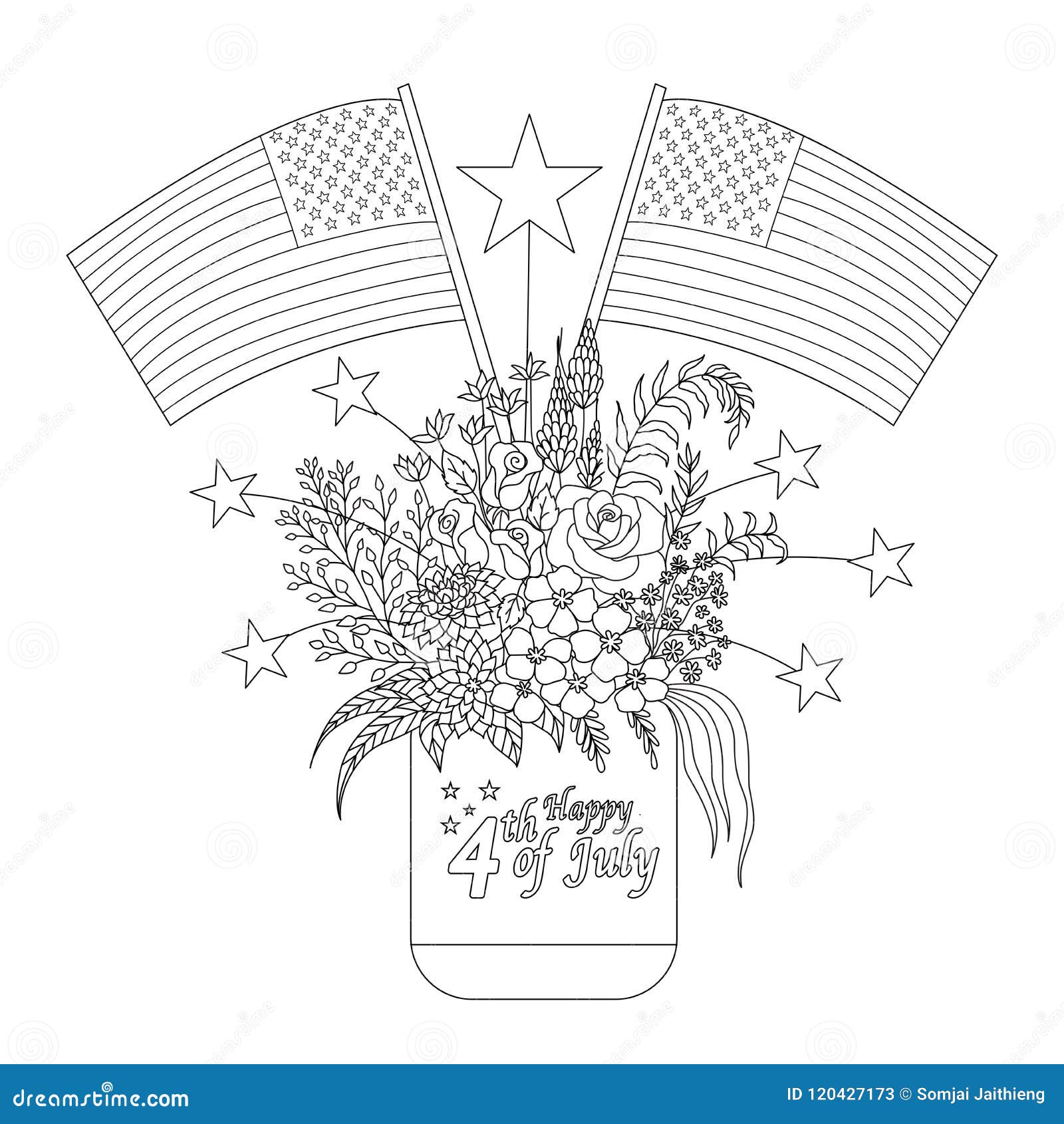 American flags on flowers and decorations on a mason jar for design element and coloring book page vector illustration stock vector