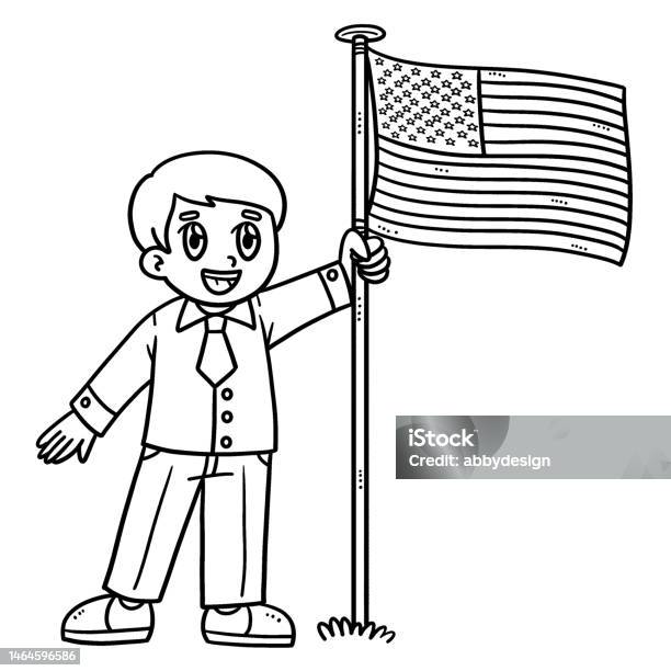 Child holding us flag isolated coloring pages stock illustration