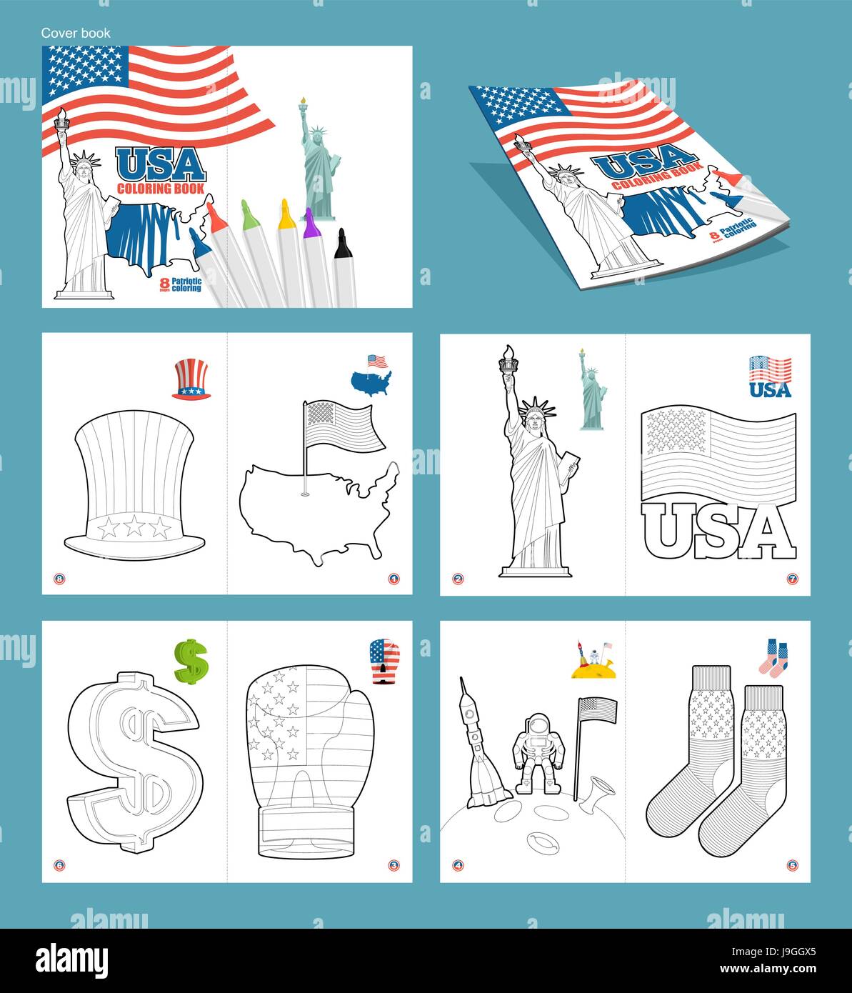 Usa coloring book patriotic illustrations statel symbols america uncle sam hat and map country statue of liberty and usa flag dollar symbol boxi stock vector image art