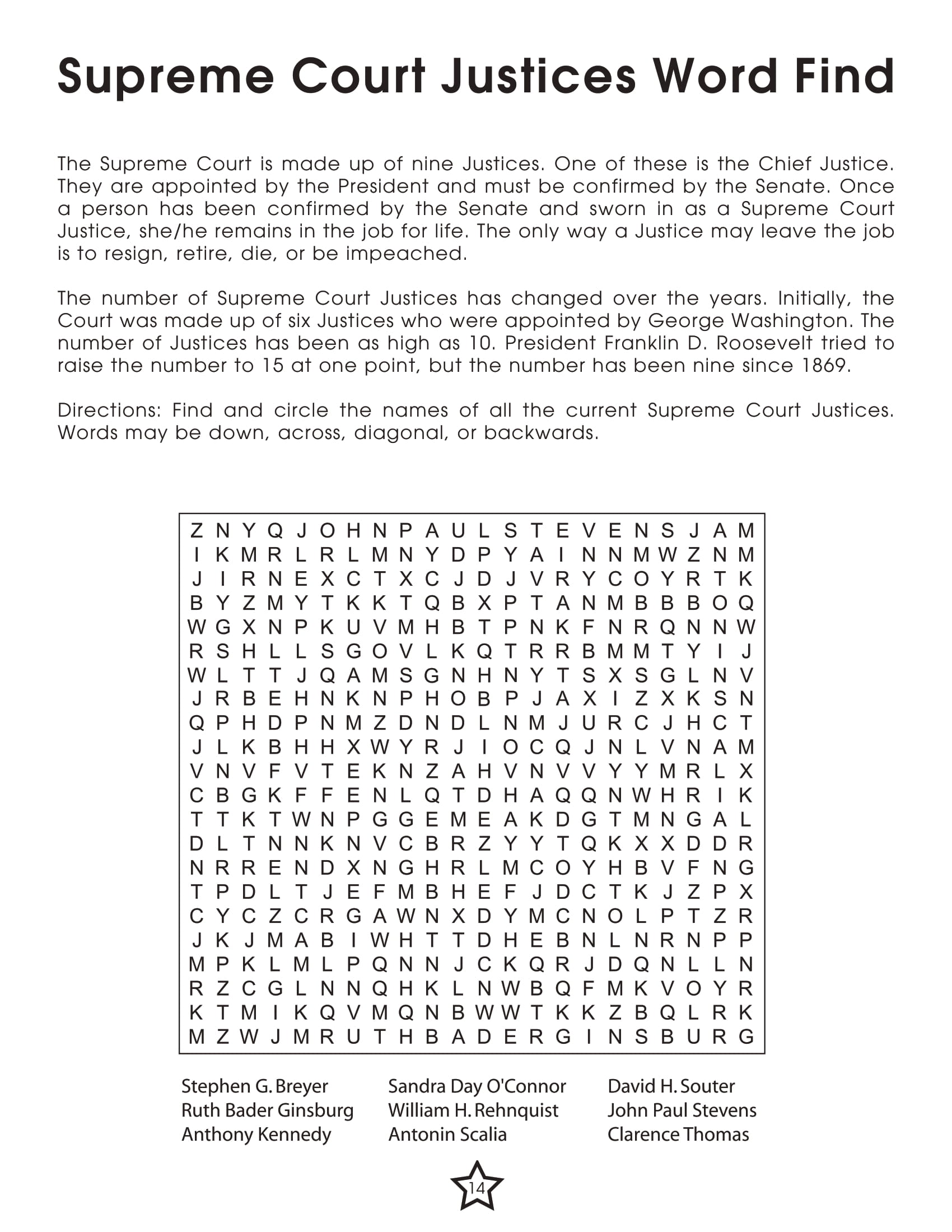 Supreme court justice word search free printable puzzle games