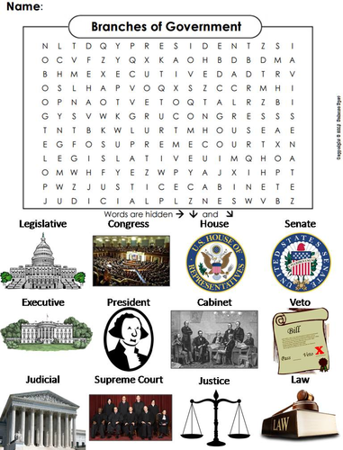 Three branches of government word search teaching resources