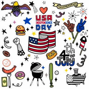 Hand drawn doodle different american objects coloring page