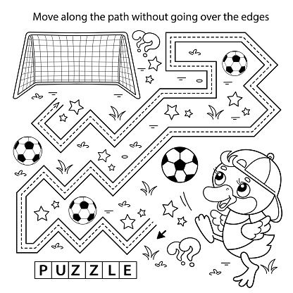 Handwriting practice sheet simple educational game or maze coloring page outline of cartoon duck or duckling with soccer ball football sport coloring book for kids stock illustration