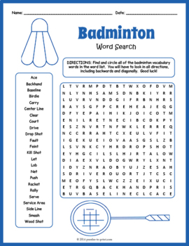 Badminton word search puzzle worksheet activity by puzzles to print