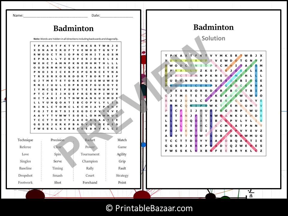 Badminton word search puzzle worksheet activity teaching resources