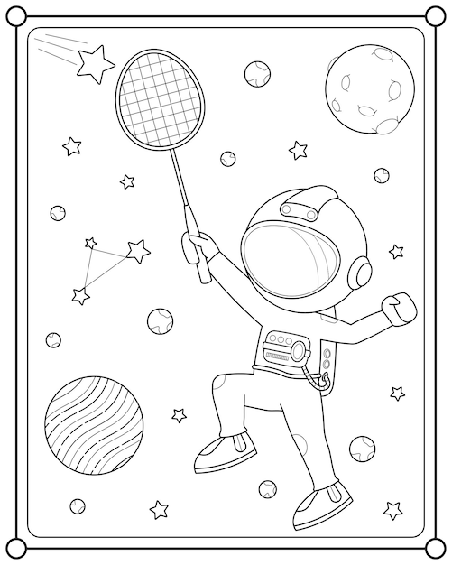 Premium vector cute astronaut playing badminton in space suitable for childrens coloring page vector illustration