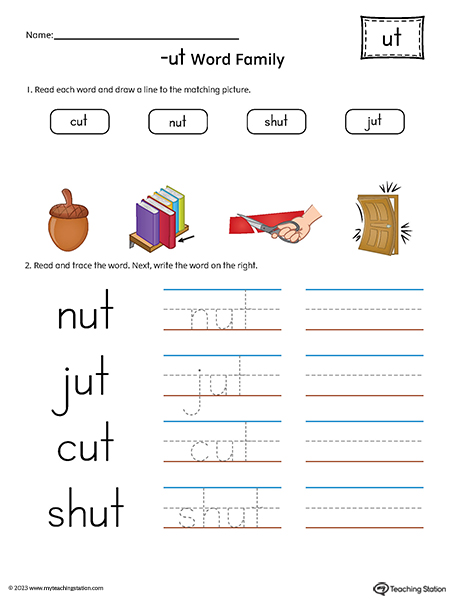 Ut word family image flashcards printable pdf color