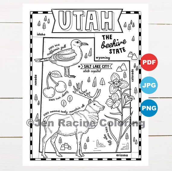Utah coloring page united states state map wildlife state symbols flowers coloring pages instant download