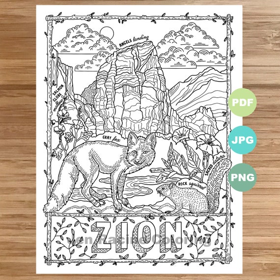 National park coloring page zion utah national park landscape animal plant wildflower coloring page printable