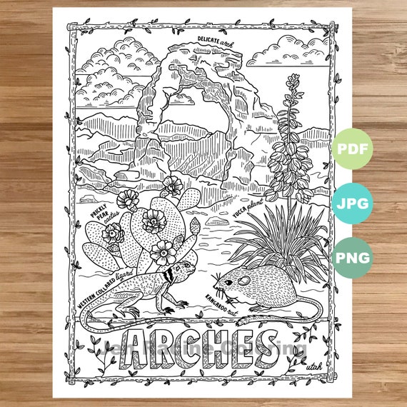 National park coloring page arches utah national park landscape art animal art plants wildflowers coloring page printable