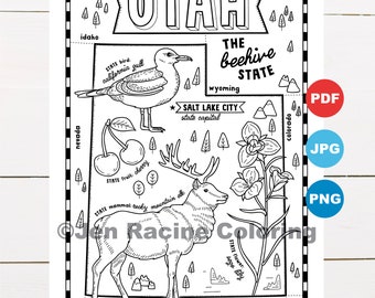 Utah coloring page united states state map wildlife state symbols flowers coloring pages instant download