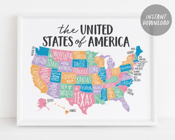 United states of america map usa map wall art for school homeschool classroom decor nursery kids room typography usa map coloring page