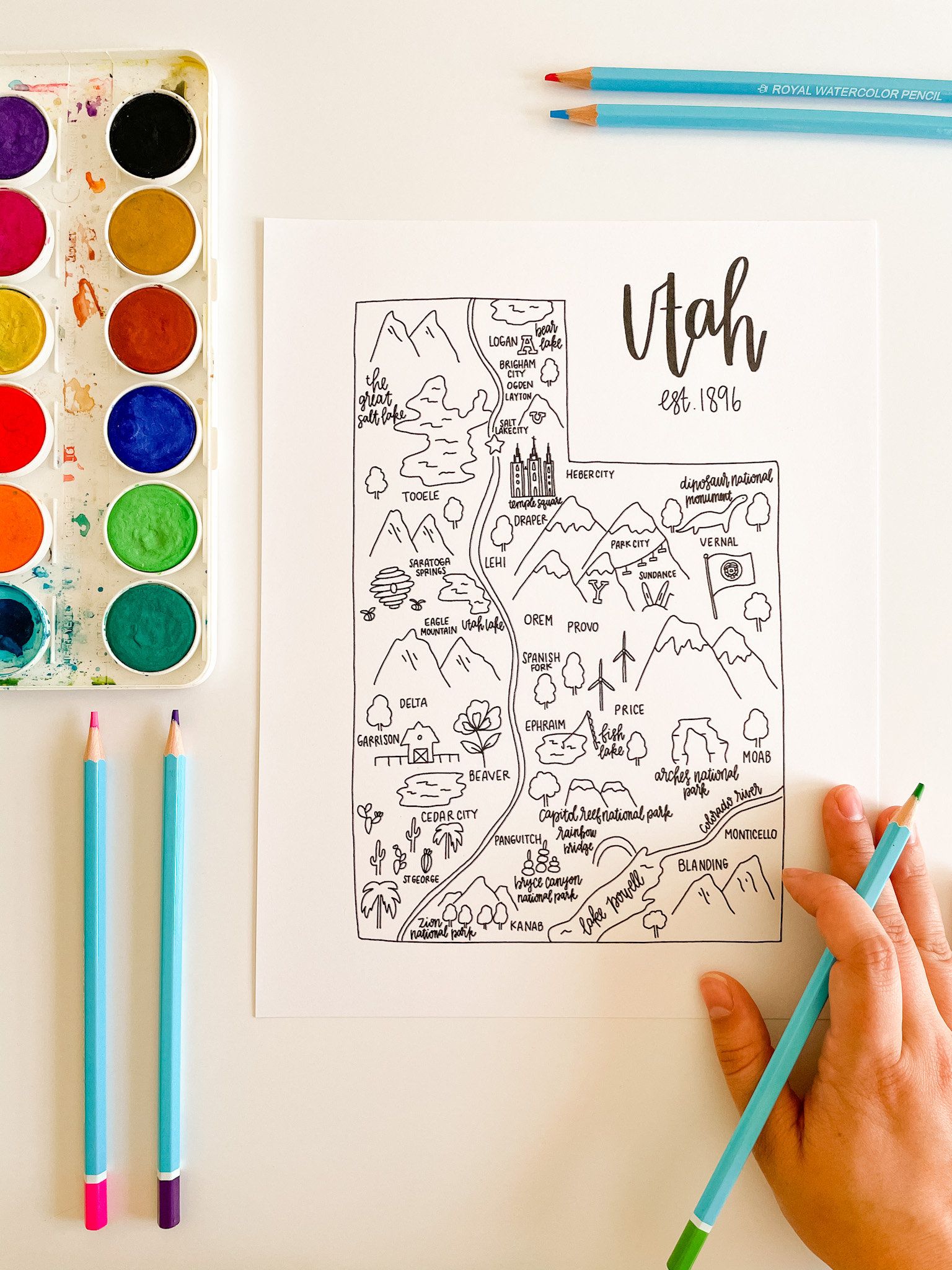 State of utah coloring page digital download digital coloring page utah map coloring page utah print utah map watercolor map of utah