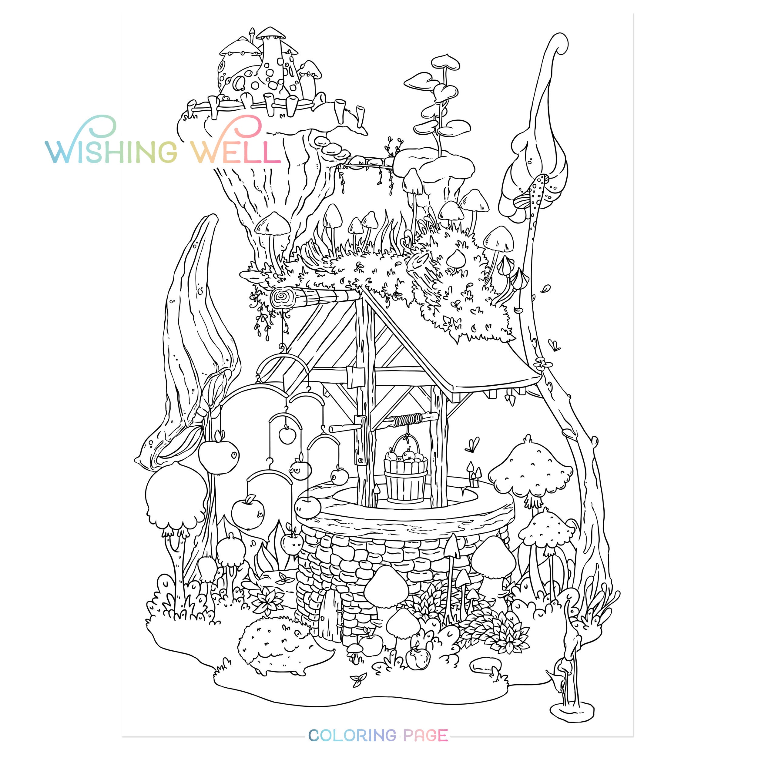 Wishing well adult coloring page autumn garden illustration cute home hedgehog mushrooms digital download printable pdf by jen katz