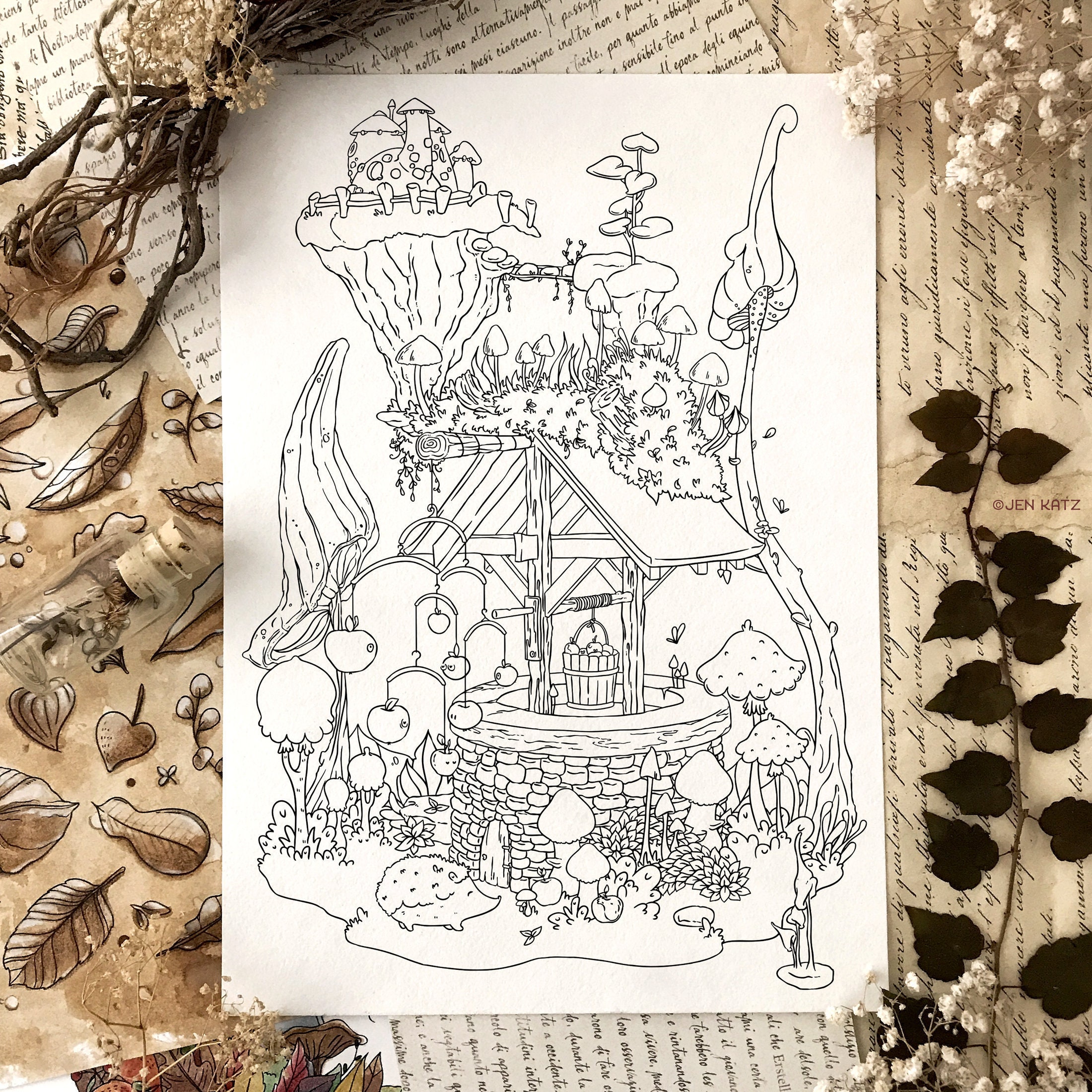 Wishing well adult coloring page autumn garden illustration cute home hedgehog mushrooms digital download printable pdf by jen katz