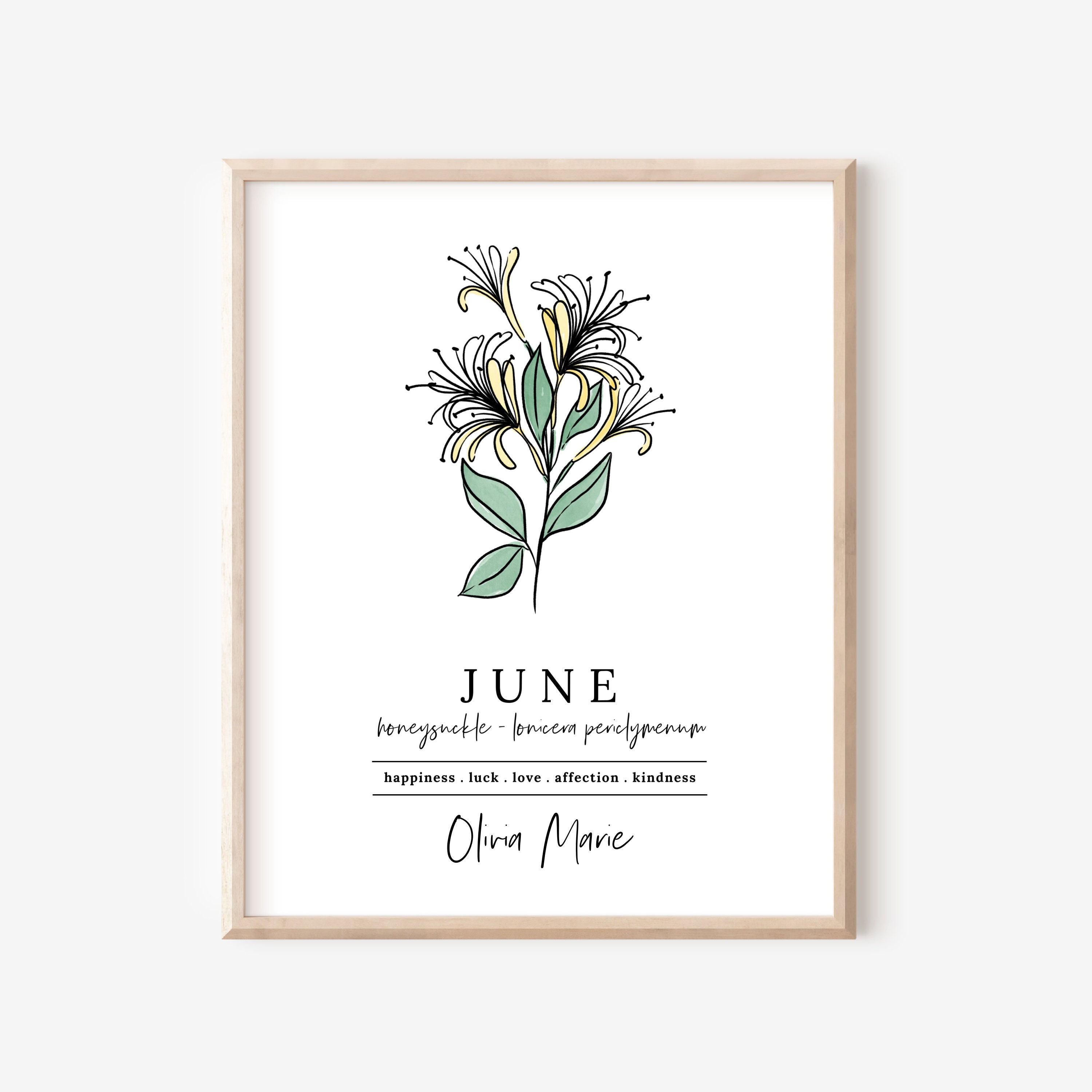 June honeysuckle birth flower personalized name unframed art print custom gift for birthdays nursery wall decor floral wall decor