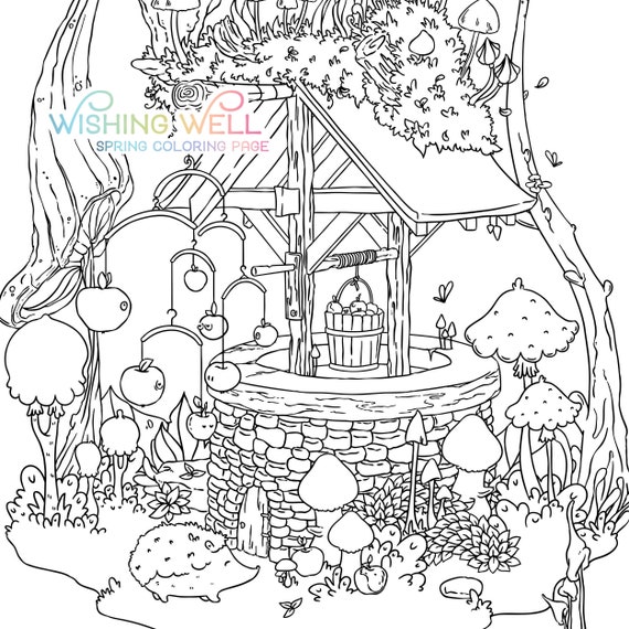 Wishing well adult coloring page autumn garden illustration cute home hedgehog mushrooms digital download printable pdf by jen katz