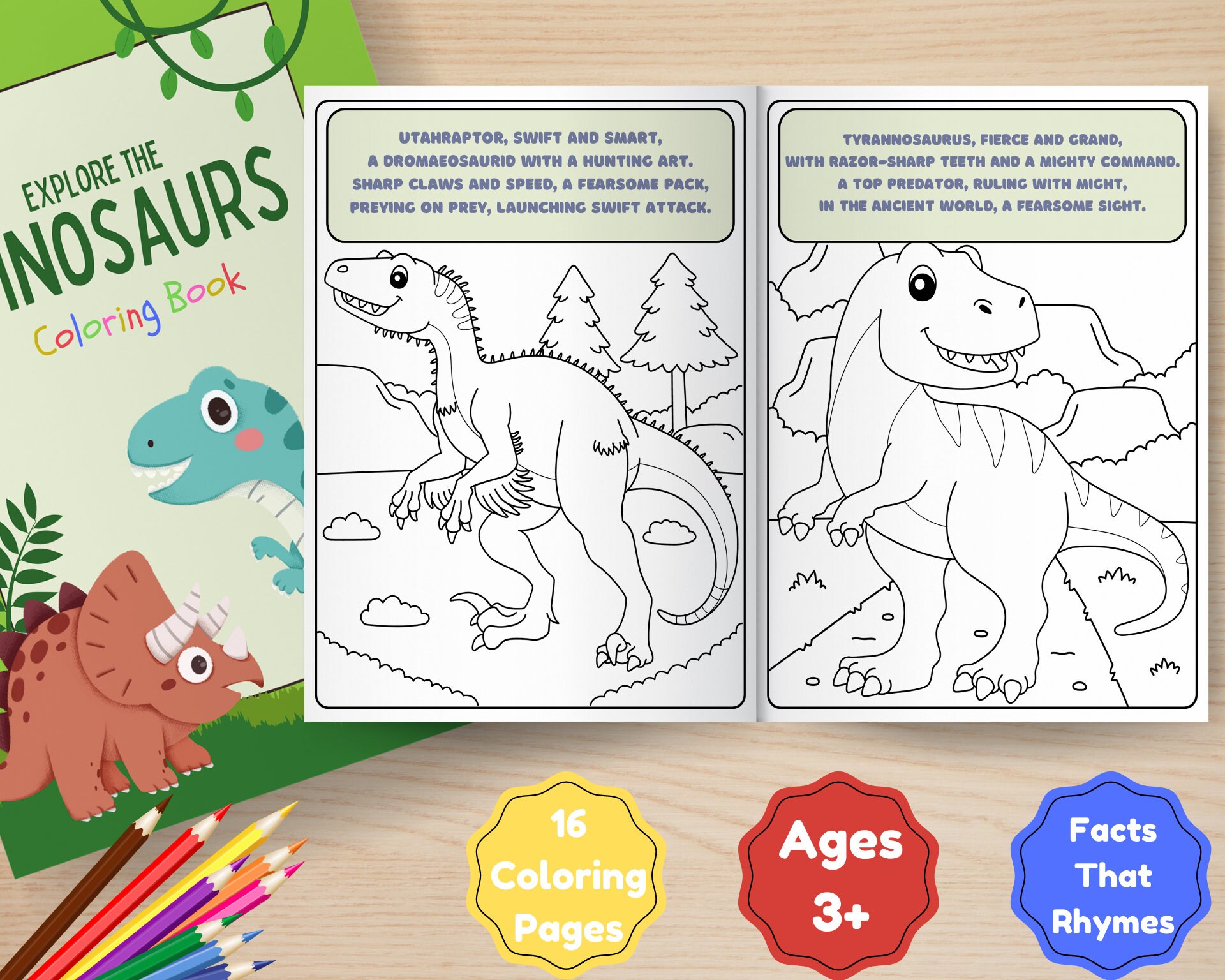 Dinosaurs animals coloring book for kids creatures coloring page pages interesting poetic facts rhymes printable digital instant download