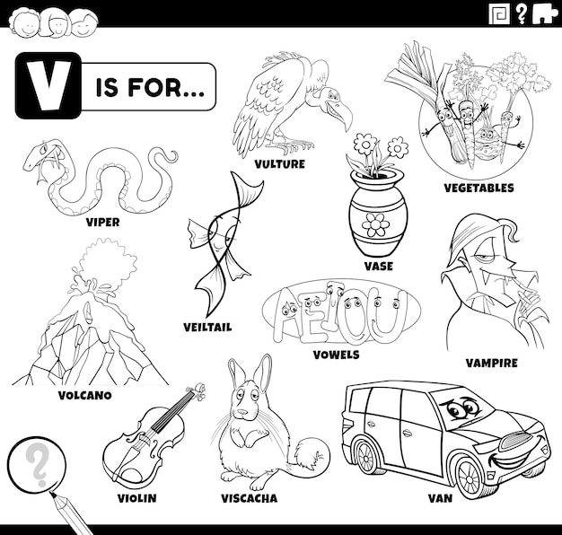 Premium vector letter v words educational cartoon set coloring page