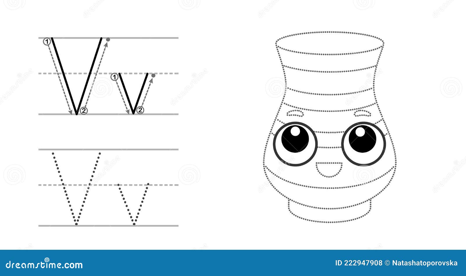 Trace the letter and picture and color it educational children tracing game coloring alphabet letter v and funny vase stock vector