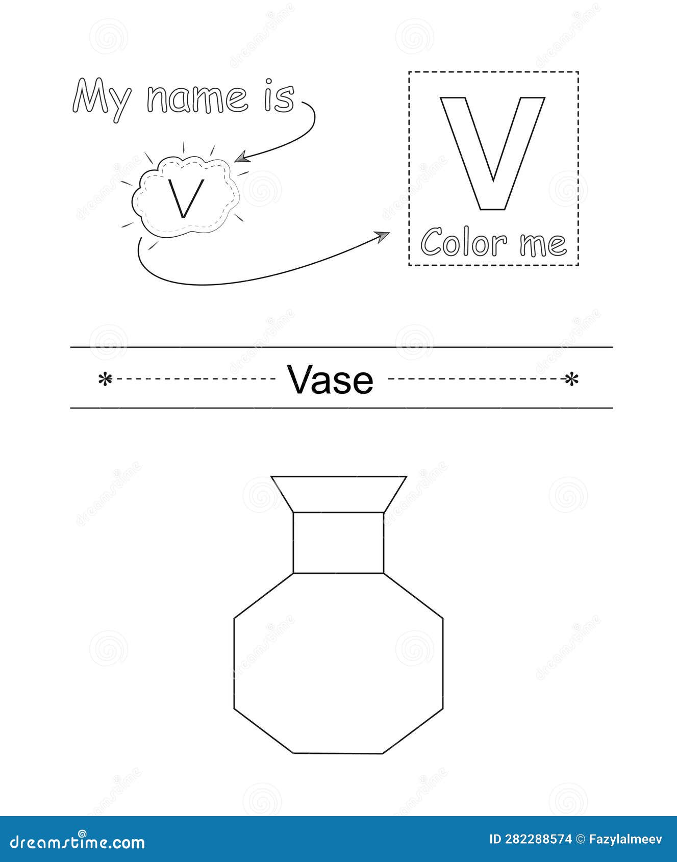 Color the letter and picture coloring alphabet letter v and cartoon vase stock vector