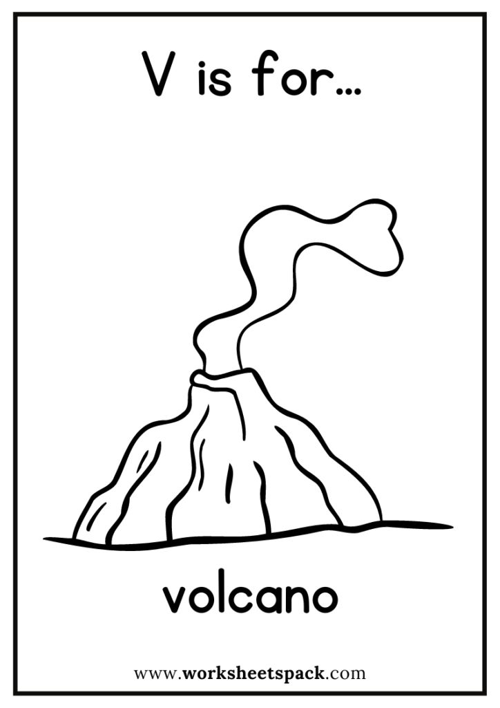 V is for volcano colorg page free volcano flashcard for kdergarten