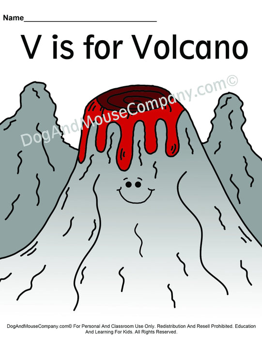 V is for volcano colored template learn your abcs worksheet print â dog and mouse pany