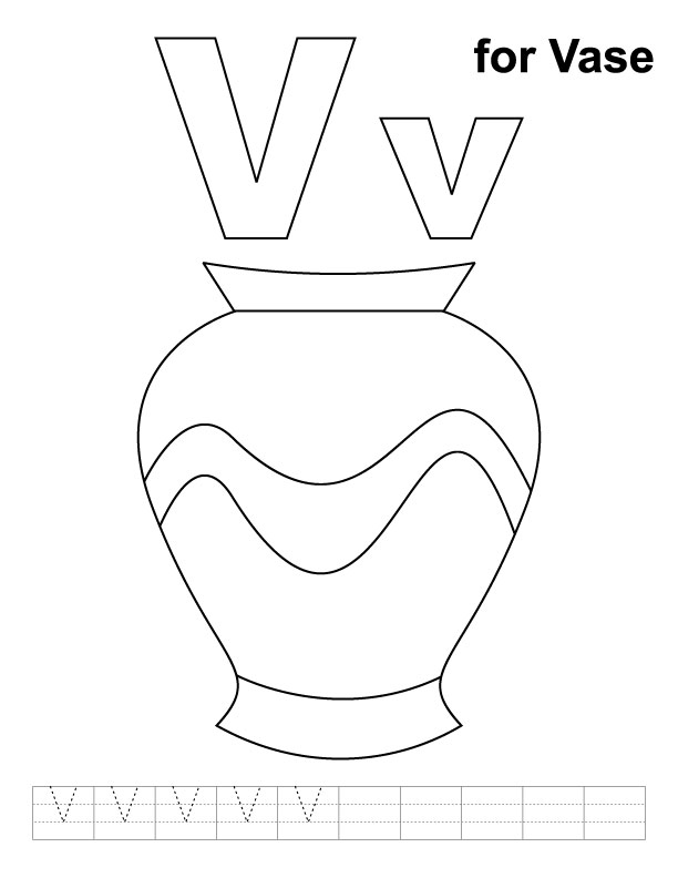 V for vase coloring page with handwriting practice kids handwriting practice alphabet coloring pages alphabet coloring