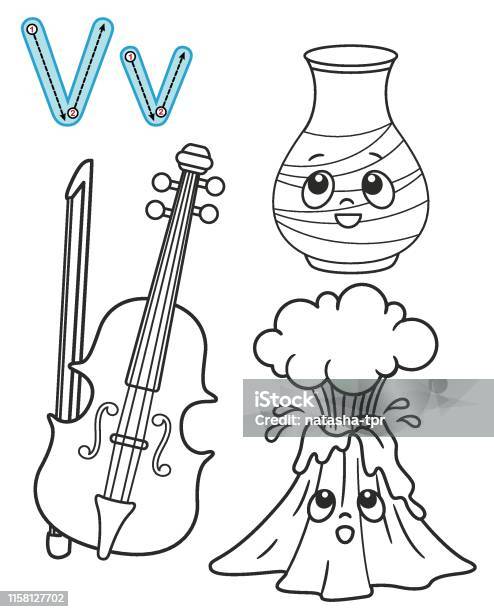 Letter v violin volcano vase vector coloring book alphabet printable coloring page for kindergarten and preschool stock illustration