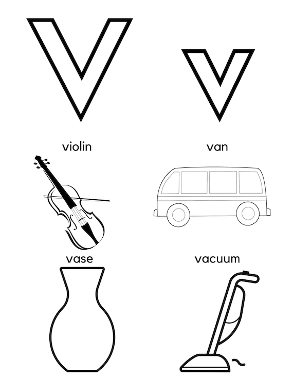 Letter v coloring page sound identification and tracing download now